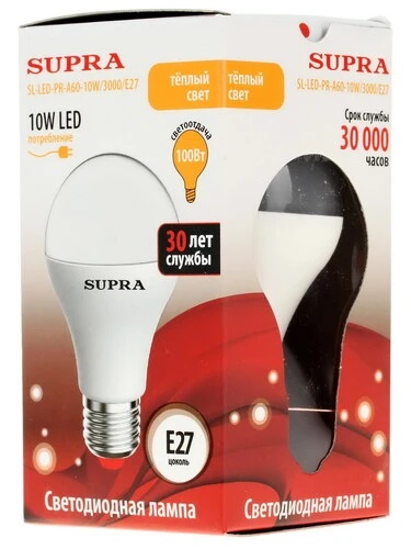 Лампы Supra | SL-LED-PR-A60-10W/3000/E27 | светодиодная лампа Мощность - 10 Вт, Цоколь - Е27, 3000К| превью 2