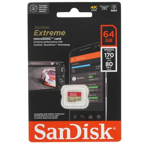 SanDisk | MicroSD 64Gb UHS-I U3 | Карта памяти без адаптера Class 10 Extreme A2 V30 UHS-I U3 | превью 1