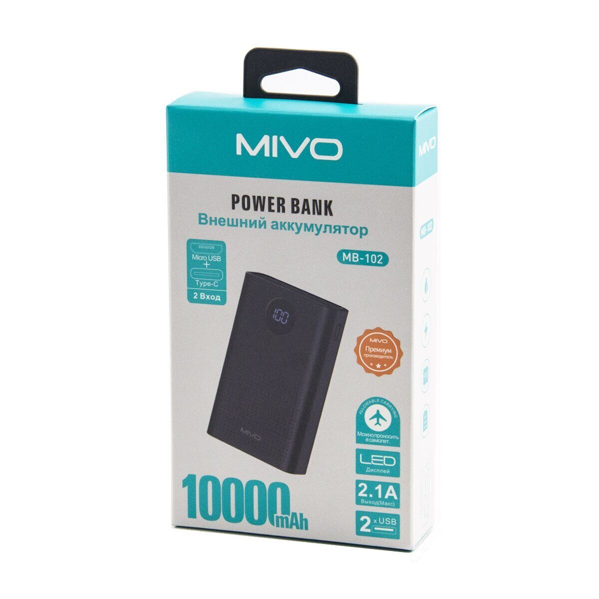 Mivo | MB-102 | Power Bank 10000 мА⋅ч для зарядки телефонов, смартфонов, Индикатор заряда | 3