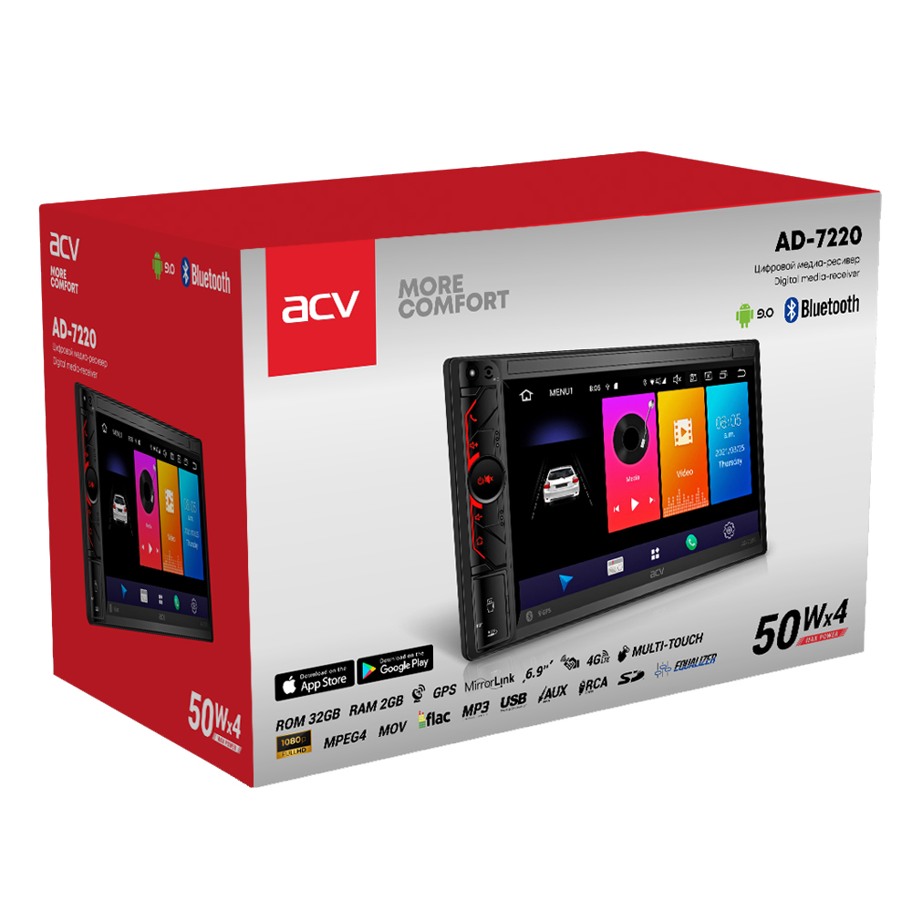 ACV | AD-7220 | 2DIN 6.9" Android9/1024*600/2+32Гб/FM/AM/USB/BT/GPS/WiFi/4*50W/4g | 5