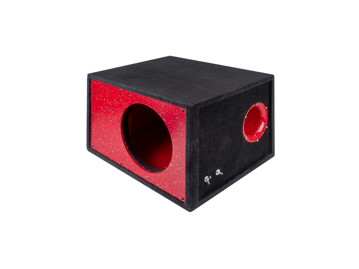 D/S/D | Короб 10" ФАНЕРА  |  Корпус Искра ЗЕЛЕНАЯ НА КРАСНОМ фазоинвертор 110 мм , 49л | превью 2