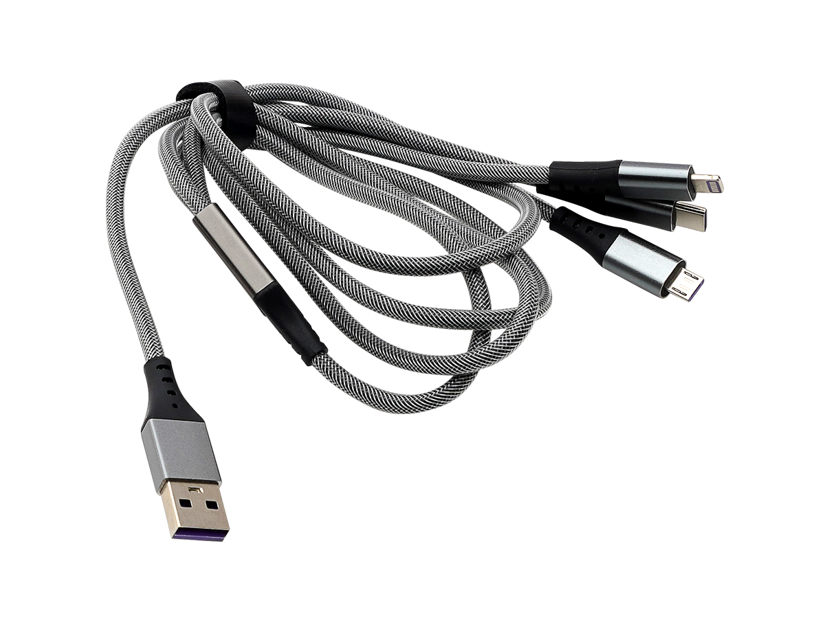 AurA | TPC-UC2S | Кабель USB 3в1, Lightning/MicroUSB/TYPE C, 1.2m, тканевая оплетка, серебро | превью 1