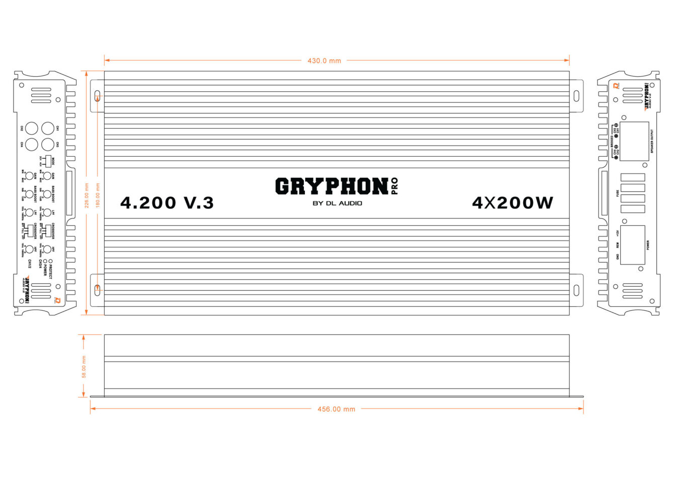 DL Audio | Gryphon Pro 4.200 V3 | Класс AB 4x200 Вт(4 Ом), 4x250 Вт(2 Ом), 450Вт Мост | 7