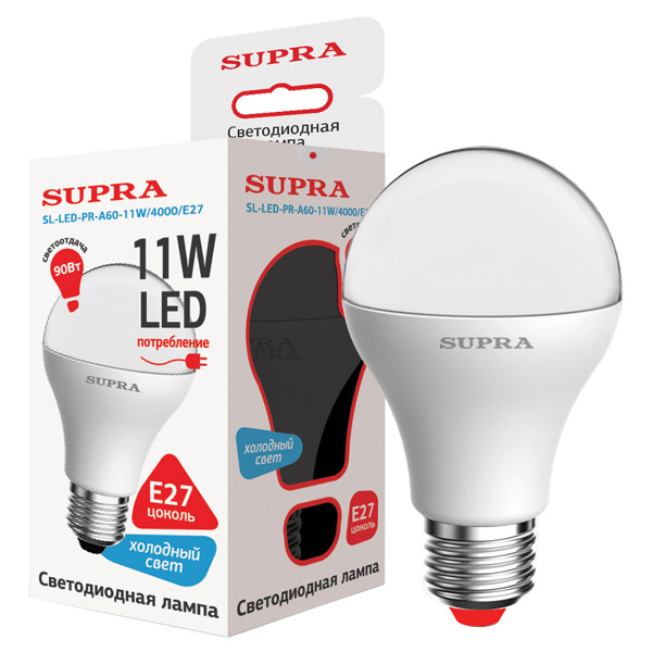 Лампы Supra | SL-LED-PR-A60-11W/4000/E27 | светодиодная лампа Мощность -11 Вт, Цоколь - Е27, 4000К | превью 1