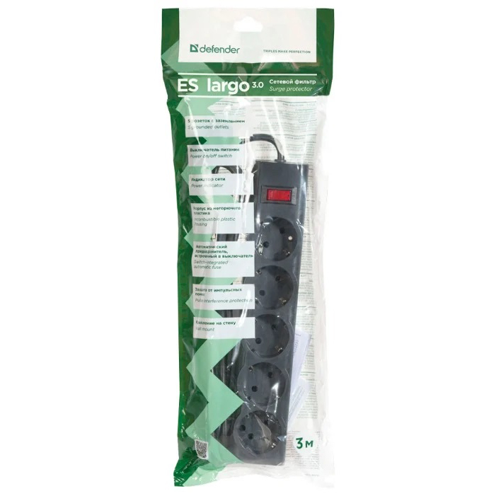 Defender | D99498 | Сетевой фильтр Defender ES largo / 3.0m / 5 розеток| превью 2