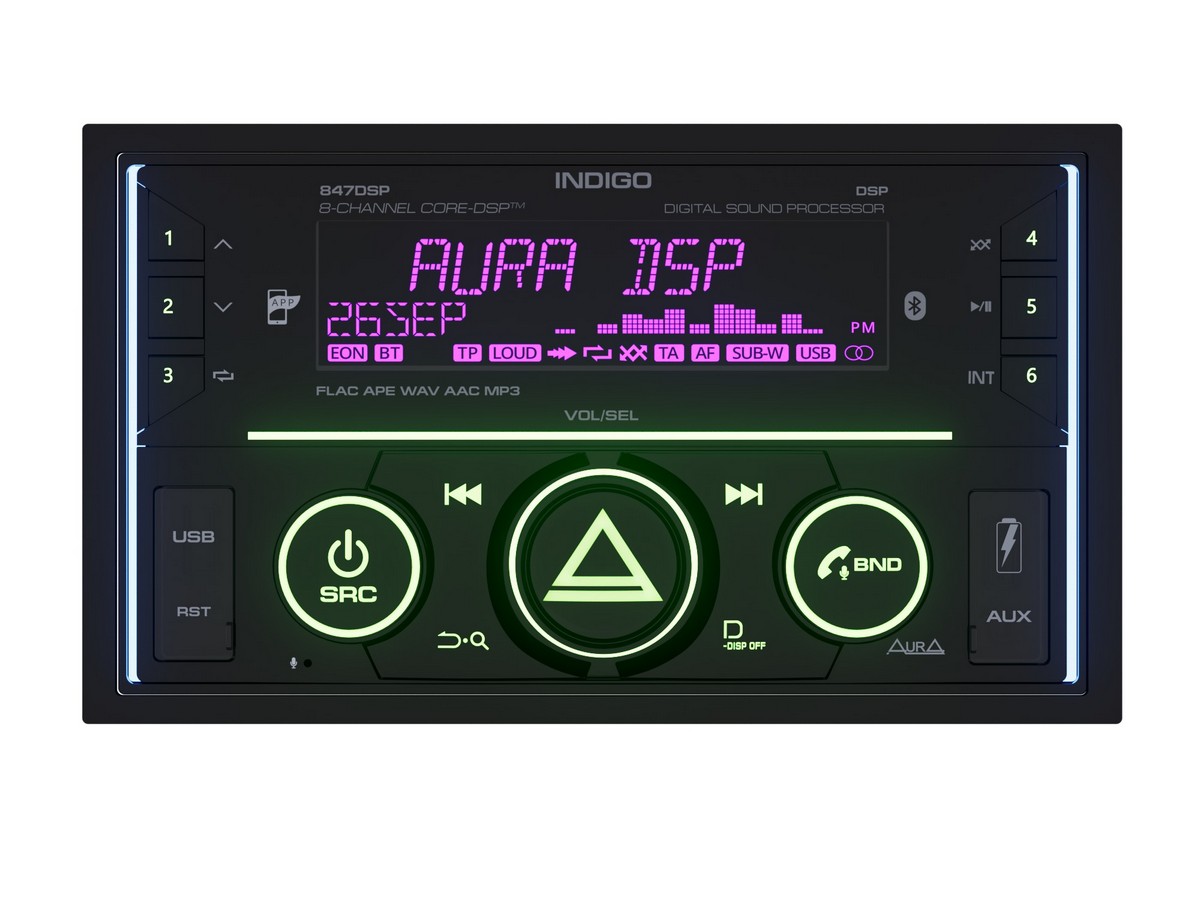 AurA | INDIGO-847DSP MkII | 2 DIN, CORE-DSP (8 RCA, 6V), FLAC, BT 5.3, APP, 3-ZONE RGB, ДУ | 2
