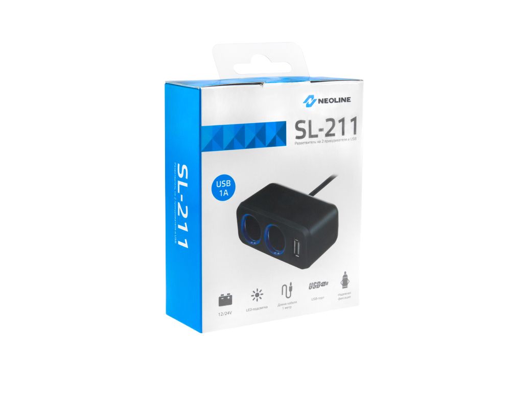 Neoline | SL-211| Разветвитель прикуривателя для 2-х устр+1USB 1А, 12В/24В 10A/80Вт,подсв.,провод | превью 3