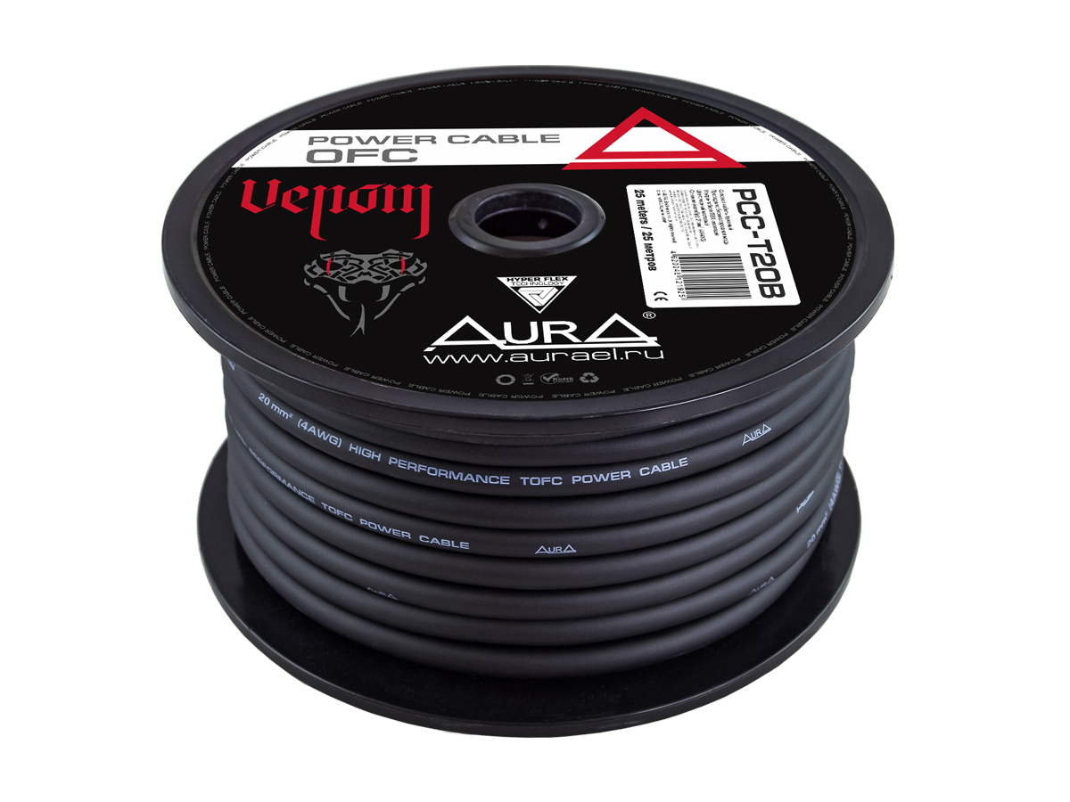 AurA | PCC-T20B | 4GA (20мм²) луженая медь (OFC tinned), ОПТ КРАТНО 5м,цена за 1м,черный, БУХТА 25м| 1