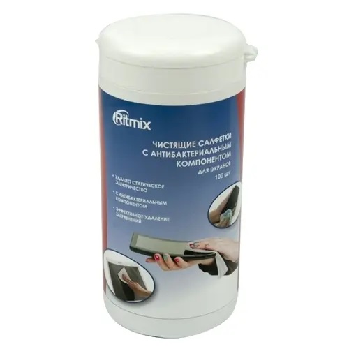 RITMIX | RC-100TWA | Чистящие салфетки с антибактериальным компонентом для экранов.Туба 100 шт.  | 1
