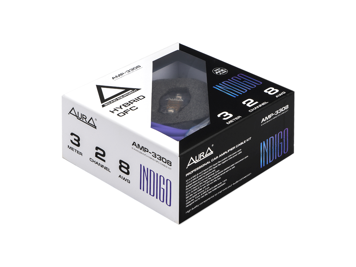 AurA | AMP-3308 | HYBRID-OFC, 2 канала, 8Ga (8мм²), 3 метра, MiniANL 40A, RCA (OFC), шестигранник | 1
