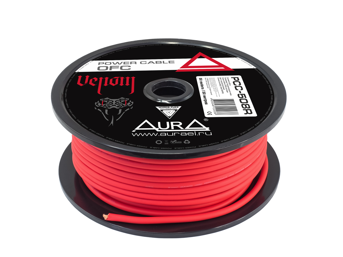 AurA | PCC-508R | 8GA (8мм²) бескислород.медь(OFC), ОПТ КРАТНО 5м; цена за 1 м, красный, БУХТА 50м | 1