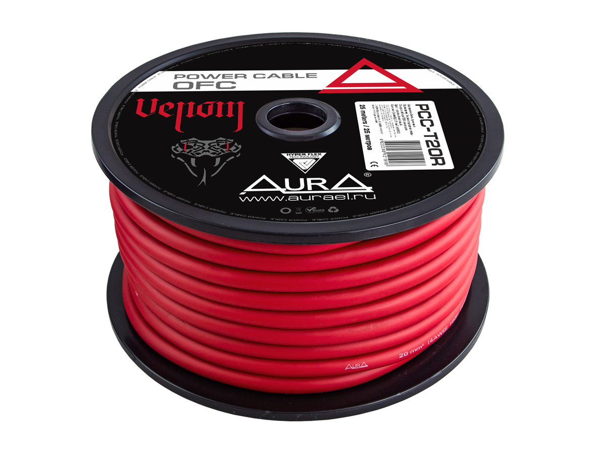 AurA | PCC-T20R | 4GA (20мм²) луж.медь (OFC tinned), ОПТ КРАТНО 5м; цена за 1м; красный, БУХТА 25м | 1