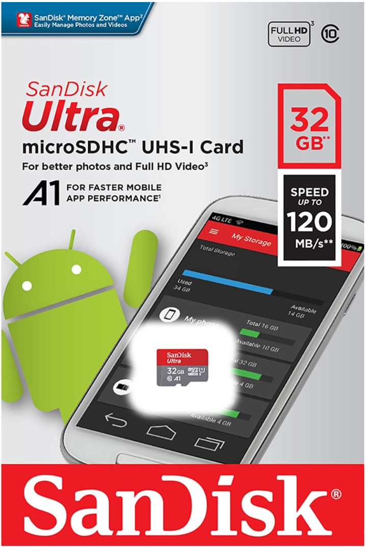 SanDisk | MicroSD 32Gb UHS-I | Карта памяти без адаптера Class 10 Ultra UHS-I A1 (120Mb/s) | 2