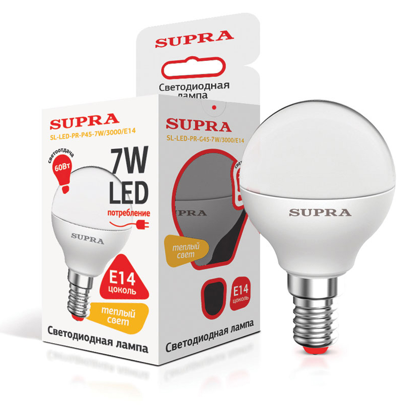 Лампы Supra | SL-LED-PR-P45-7W/3000/E14 | светодиодная лампа Мощность - 7 Вт, Цоколь - Е14, 3000К | превью 1