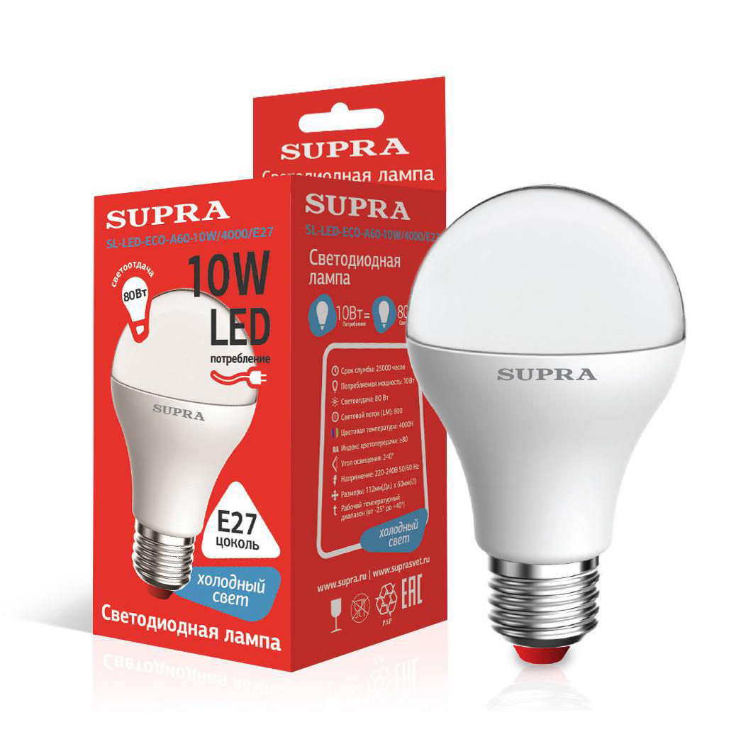 Лампы Supra | SL-LED-ECO-A60-10W/4000/E27 | светодиодная лампа Мощность 10 Вт, Цоколь - Е27, 4000К | превью 1