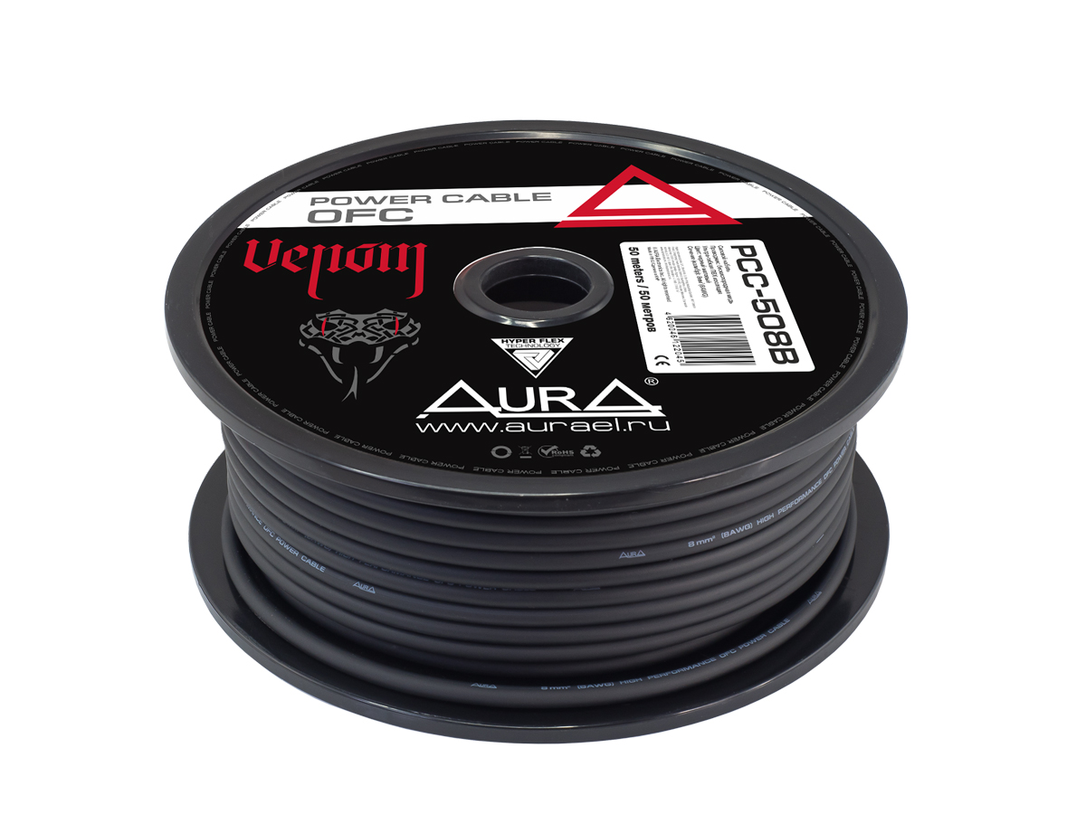 AurA | PCC-508B | 8GA (8мм²) бескислород.медь(OFC), ОПТ КРАТНО 5м; цена за 1 м, черный, БУХТА 50м | 1