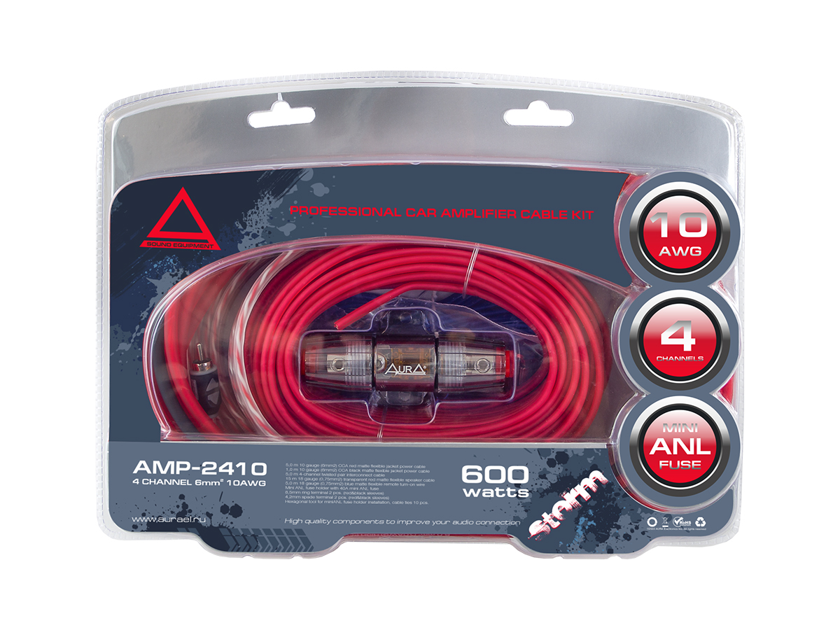 AurA | AMP-2410 | 4 канала, 10Ga (6мм²), колба MiniANL 40A, RCA, 2x0.75 15m, клеммы шестигранник| превью 2