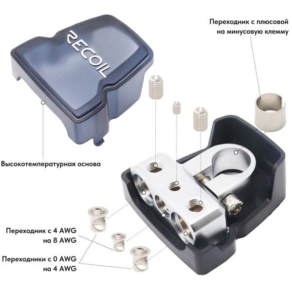 Recoil | PBT-2014 | Клеммы аккумуляторные/2x0/2/4 +1x4/8 Ga, в комплекте 2шт. | 2