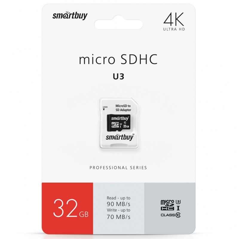 Smartbuy | MicroSDHC 32Gb Class 10 PRO U3 90/70 MB/s (с адапт. SD) | MicroSD 32Gb + адап, Class 10 | превью 1