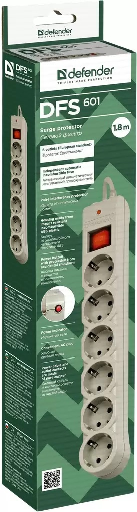 Defender | D99406 | Сетевой фильтр Defender DFS 601 / 1.8m / 6 розеток| превью 2