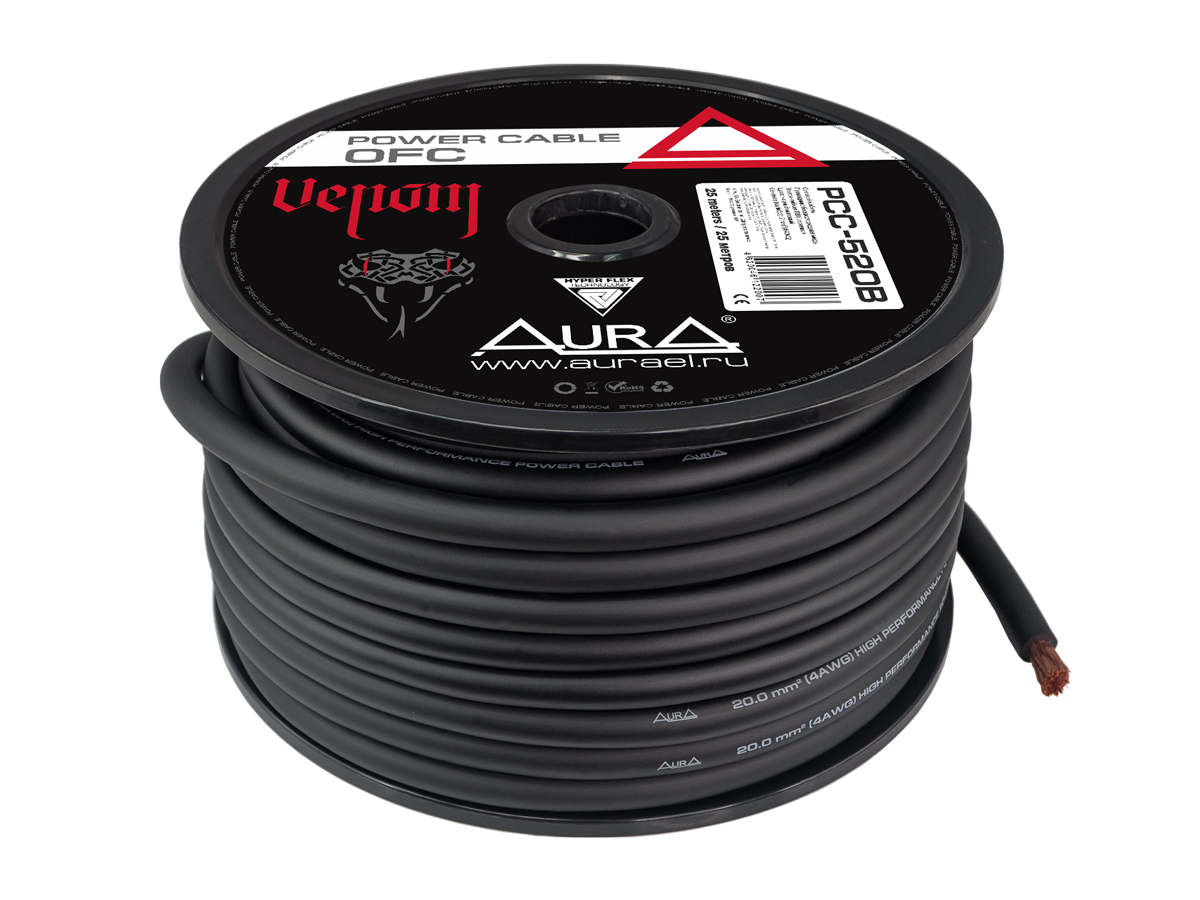 AurA | PCC-520B | 4GA (21мм²) бескислород.медь(OFC), ОПТ КРАТНО 5м; цена за 1м, черный, БУХТА 25м | 1