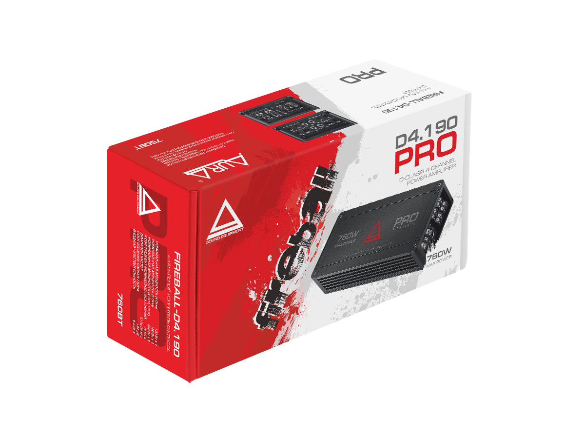 AurA | FIREBALL-4.190 PRO | 4x120w (4 Ohm), 4x190w (2 Ohm), 2x380w (4 Ohm), LPF/HPF, 10Hz - 25kHz | 7