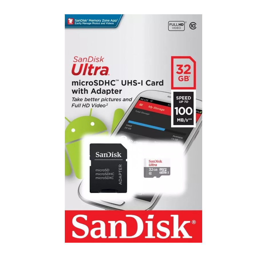 SanDisk | MicroSD 32Gb UHS-I  | Карта памяти +адаптер Class 10 Extreme Pro (100 Mb/s) UHS-I | превью 1