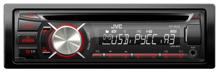 JVC | KD-R449EE | USB, черный, зеленые/красные кнопки, УКВ, энкодер, 1 RCA (SUB), AUX | 1