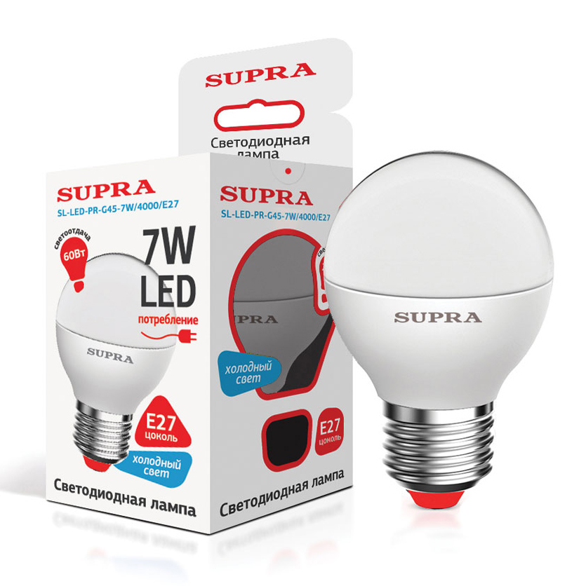 Лампы Supra | SL-LED-PR-G45-7W/4000/E27 | светодиодная лампа Мощность - 7 Вт, Цоколь - Е27, 4000К | 1
