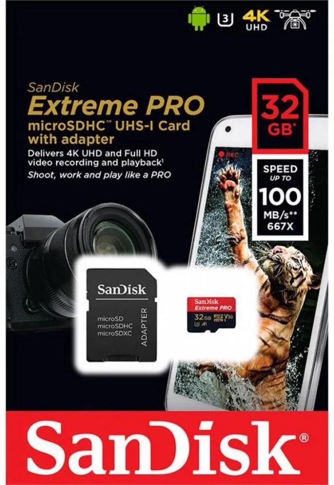 SanDisk | MicroSD 32Gb UHS-I U3 | Карта памяти 32Gb +адаптер, Class 10 ExtrimPro UHS-I U3| 1