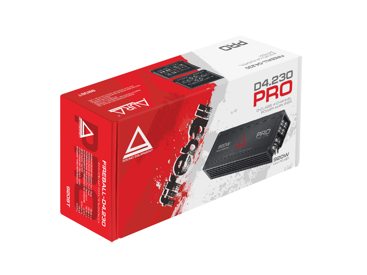 AurA | FIREBALL-4.230 PRO | 4x150w (4 Ohm), 4x230w (2 Ohm), 2x460w (4 Ohm), LPF/HPF, 10Hz - 25kHz | 7