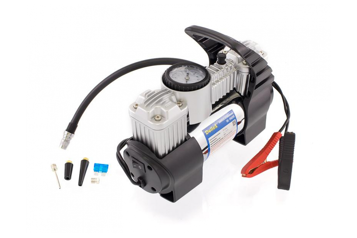 DolleX | DL-5020| Компрессор 12V, 30 A, 10 Атм, 72 л/мин, 2-х поршневой, предохр-ль, шланг, на клем| 1