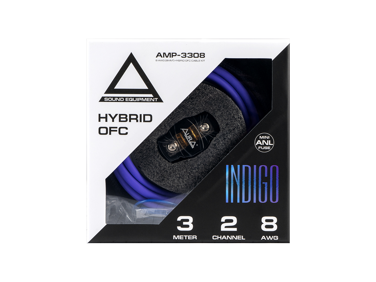 AurA | AMP-3308 | HYBRID-OFC, 2 канала, 8Ga (8мм²), 3 метра, MiniANL 40A, RCA (OFC), шестигранник | 3