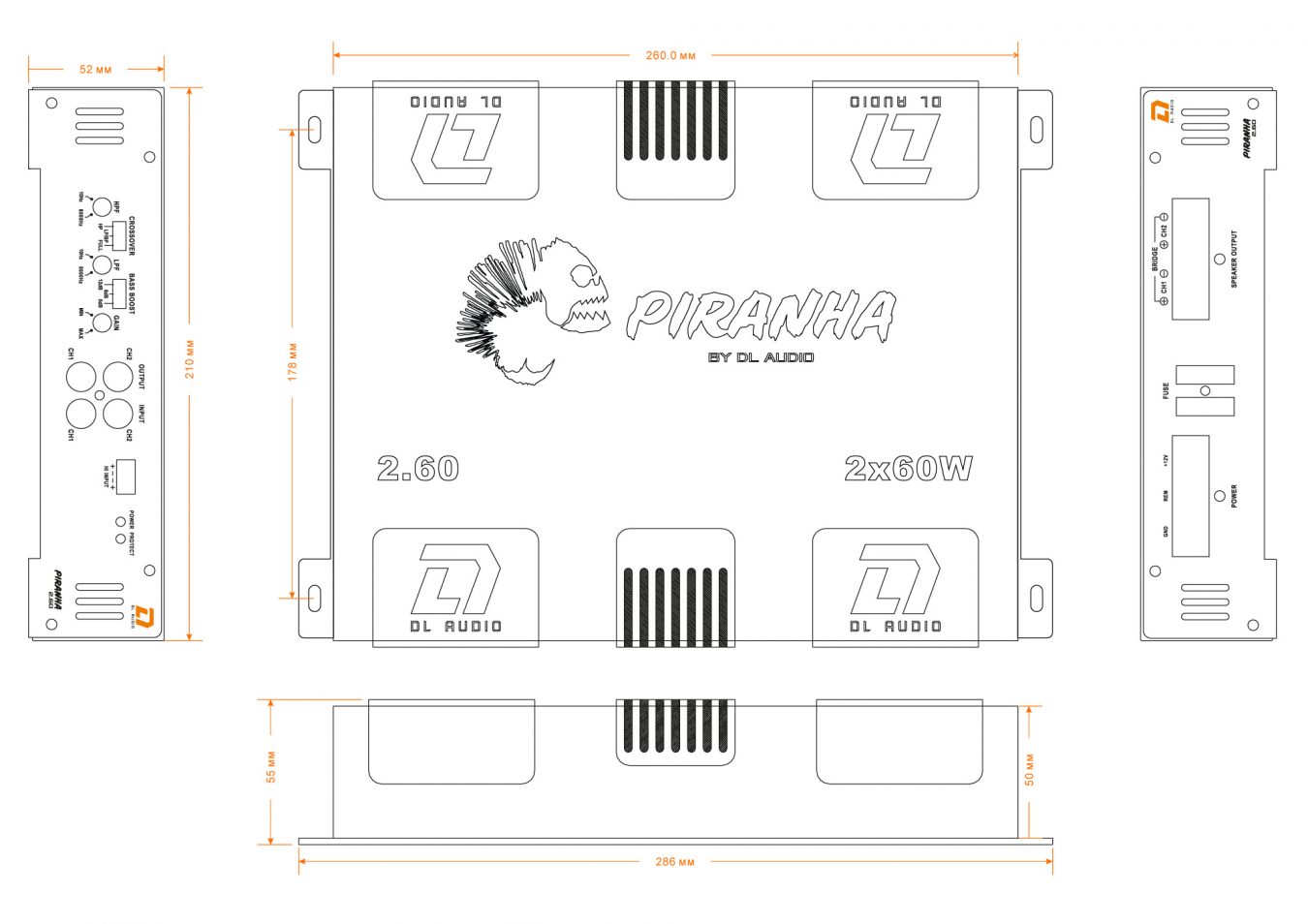 DL Audio | Piranha 2.60 | Класс AB 2x65 Вт(4 Ом), 2x105 Вт(2 Ом), 190Вт Мост | 4