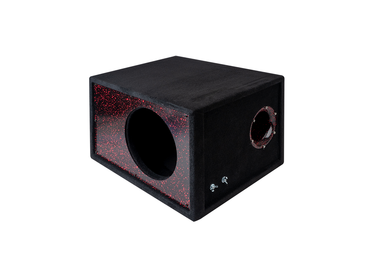 D/S/D | Короб 10" ФАНЕРА  |  Корпус Искра КРАСНАЯ НА ЧЕРНОМ фазоинвертор 110 мм , 49л | превью 2