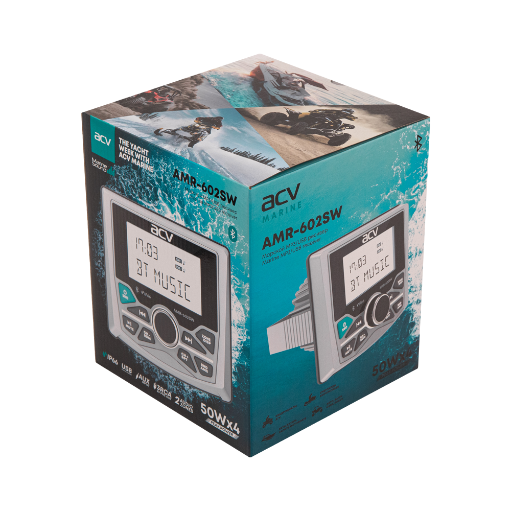 ACV | AMR-602SW | квадратный/белый/IP66/4*50W/BT/2USB/FM/3xRCA/ 2 аудио зоны | 5