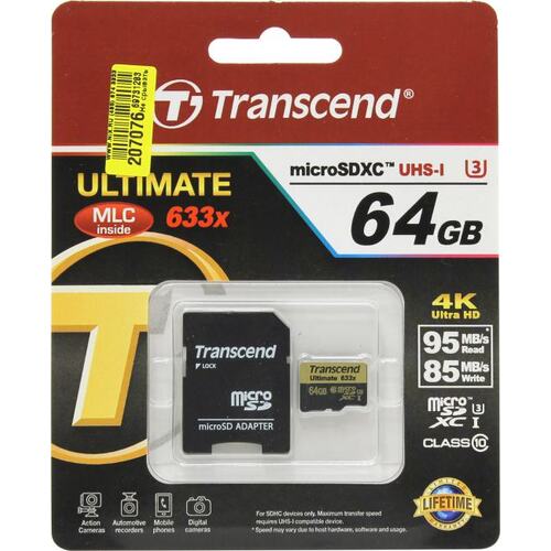 Transcend | MicroSD 64Gb Ultimate | Карта памяти MicroSD+адаптер 64Gb, Class 10 UHS-I U3M| превью 2