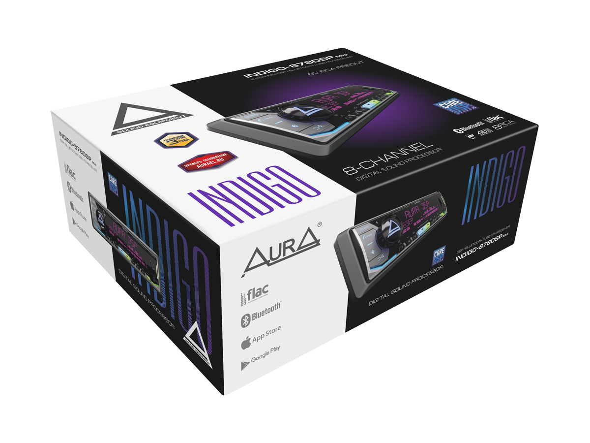 AurA | INDIGO-878DSP | CORE-DSP (8 каналов), FLAC, USB/BT, 4 пары RCA, APP, 3-ZONE RGB, D-SWC, ДУ | 8