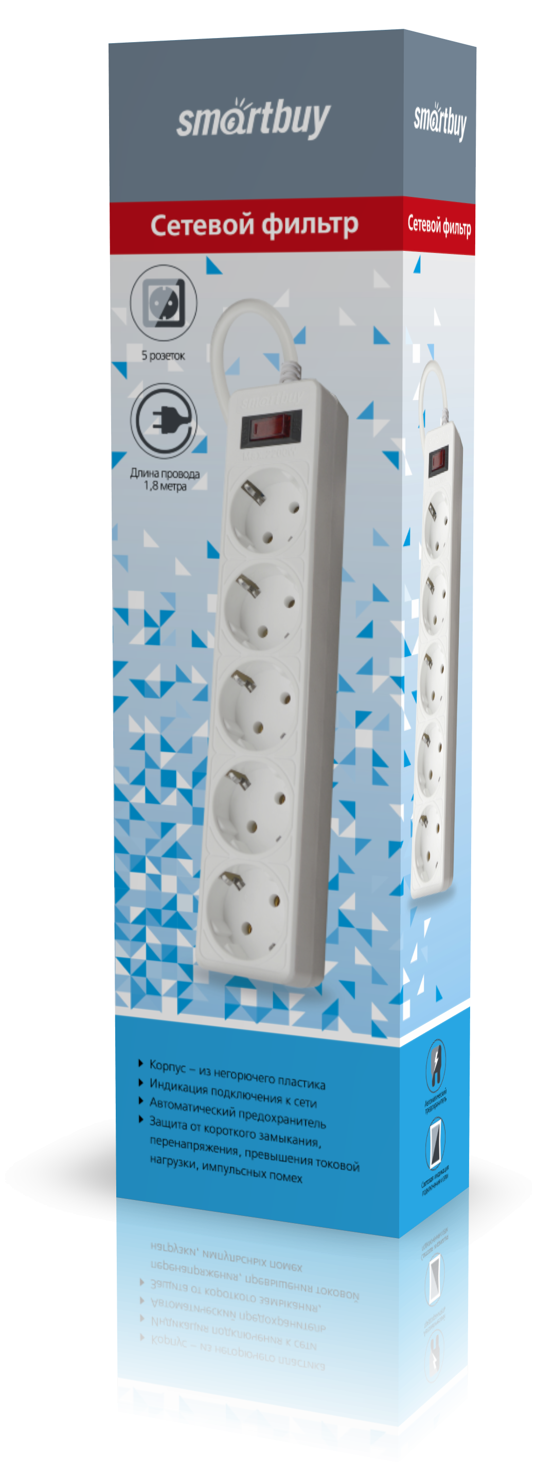 Smartbuy | SBSP-50-W| Сетевой фильтр Smartbuy One / 5 розеток / 5.0m / 10А, 2.2кВт / белый| превью 2