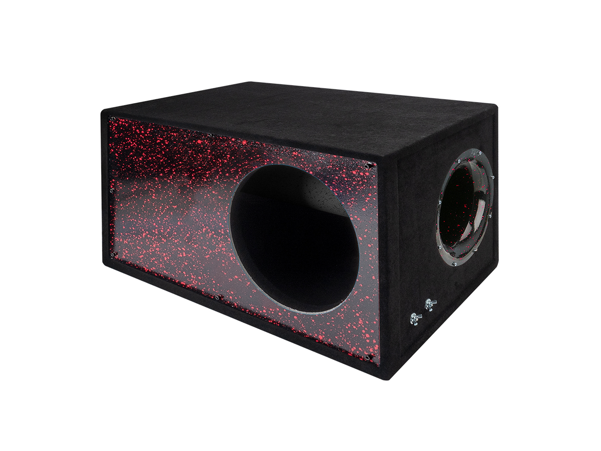 D/S/D | Короб 12"  ФАНЕРА  |  Корпус Искра КРАСНАЯ НА ЧЕРНОМ фазоинвертор 160 мм , 65л | превью 2