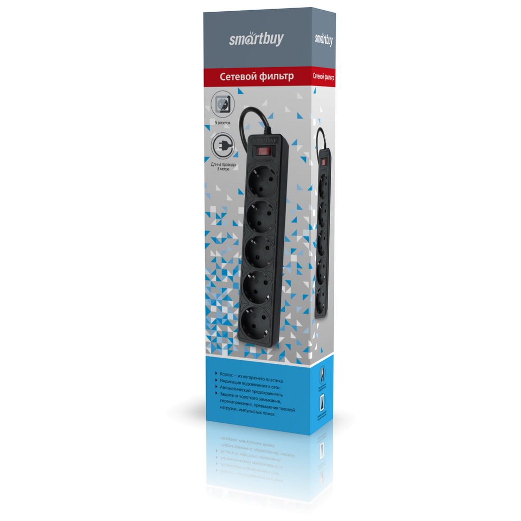 Smartbuy | SBSP-30-K | Сетевой фильтр Smartbuy One / 5 розеток / 3.0m / 10А, 2.2кВт / черный| превью 2
