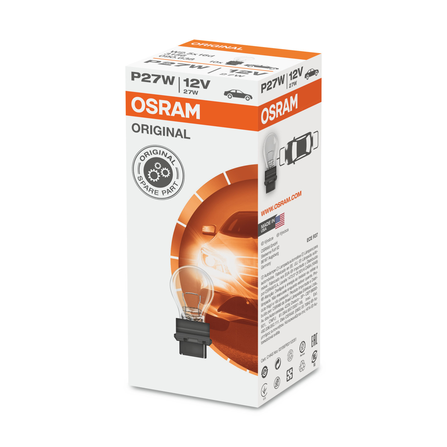 OSRAM | 3156 P27W  | Лампа P27W 12V 27W Америка пластиковый цоколь уп.10 шт.цена за упаковку | превью 1