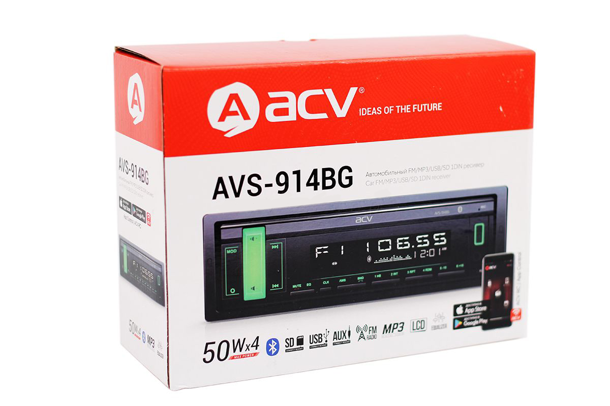 ACV | AVS-914BG | 1din/зеленая/FM/MP3/USB/BT/SD/FM/4*50/Bluetooth/съемн.панель | 4