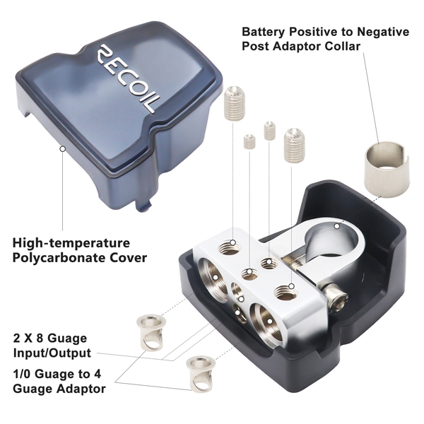 Recoil | PBT-2028 | Клеммы аккумуляторные/2x0/2/4 +2x4/8 Ga, в комплекте 2шт. | 2