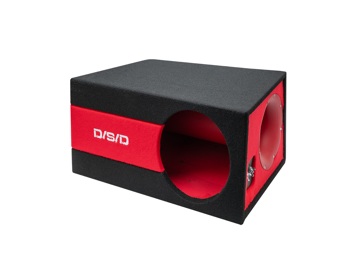 D/S/D | Короб 12" ФАНЕРА  |  Корпус КАРПЕТ ЧЕРНО-КРАСНЫЙ логотип D/S/D фазоинвертор 110 мм , 56л | превью 2