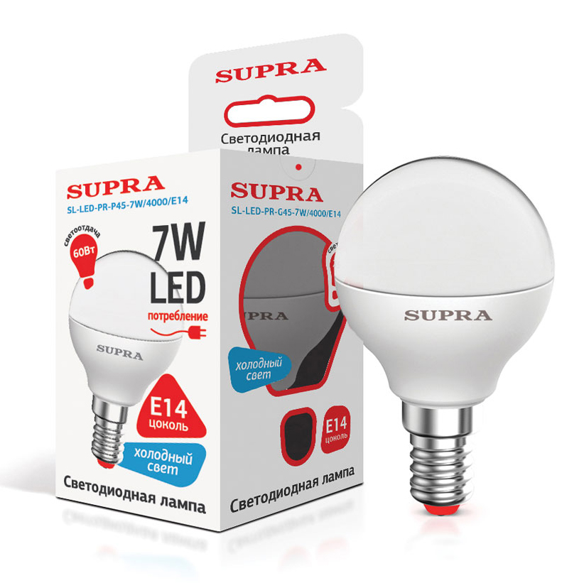 Лампы Supra | SL-LED-PR-P45-7W/4000/E14 | светодиодная лампа Мощность - 7 Вт, Цоколь - Е14, 4000К | превью 1