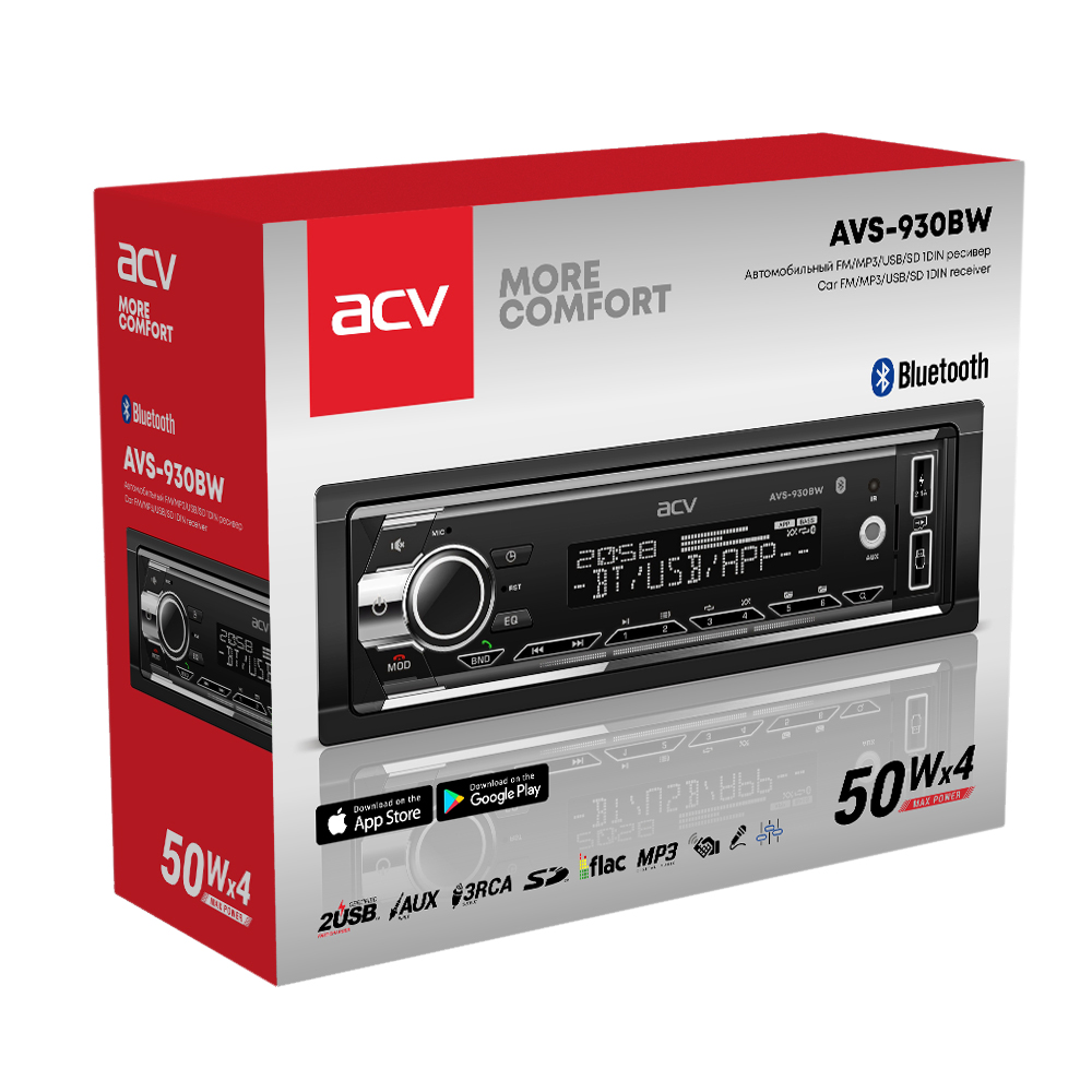 ACV | AVS-930BW | 1din/белая/FM/MP3/USB/BT/SD/FM/4*50/Bluetooth/съемн.панель | 4
