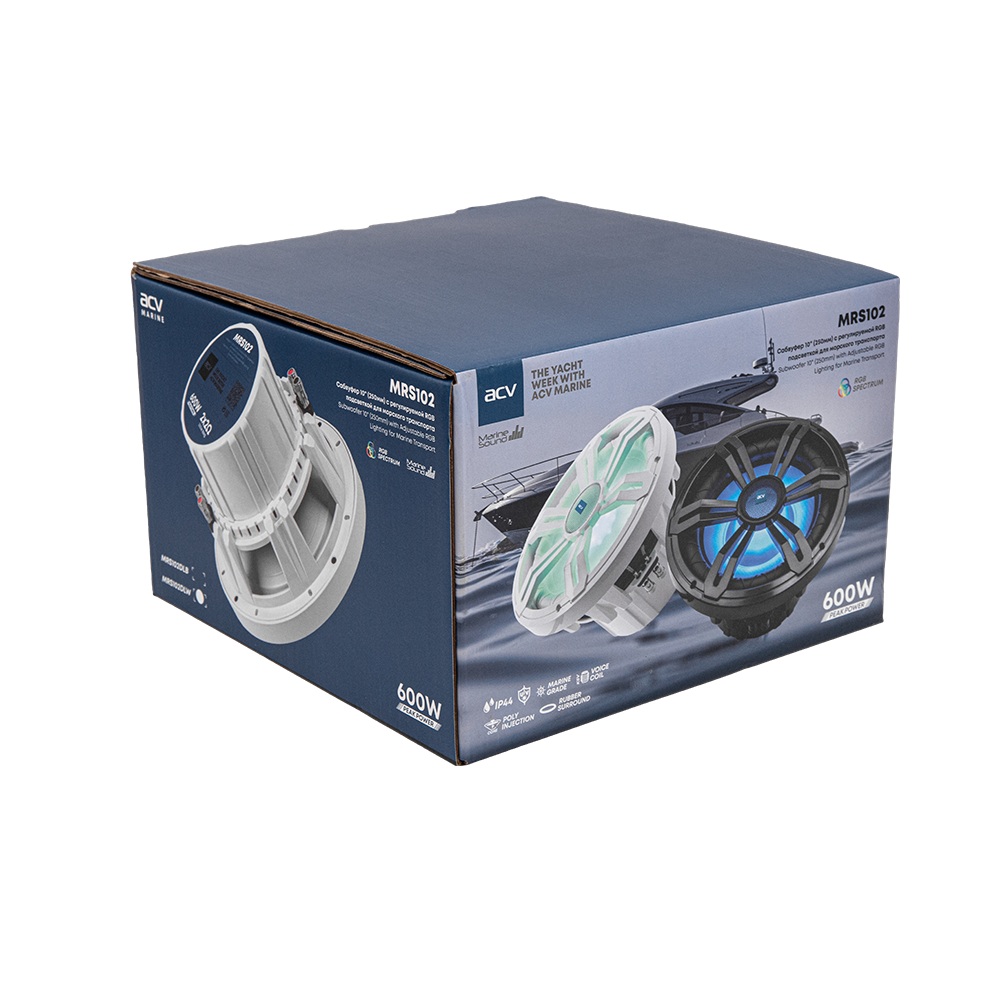 ACV | MRS102DLW | морской сабвуфер10" с RGB подсветкой/белый/2+2Ом/IPX4/RMS 300W | 6