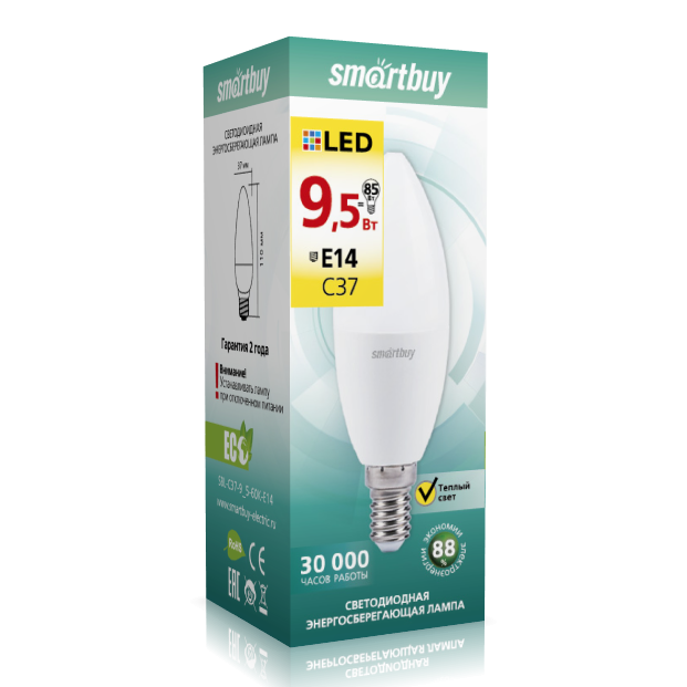 Лампа Smartbuy | С37-12W/3000/E14 ( SBL-С37-12-30K-E14 ) | Мощность 12Вт, 3000К, Цоколь E14 | превью 1