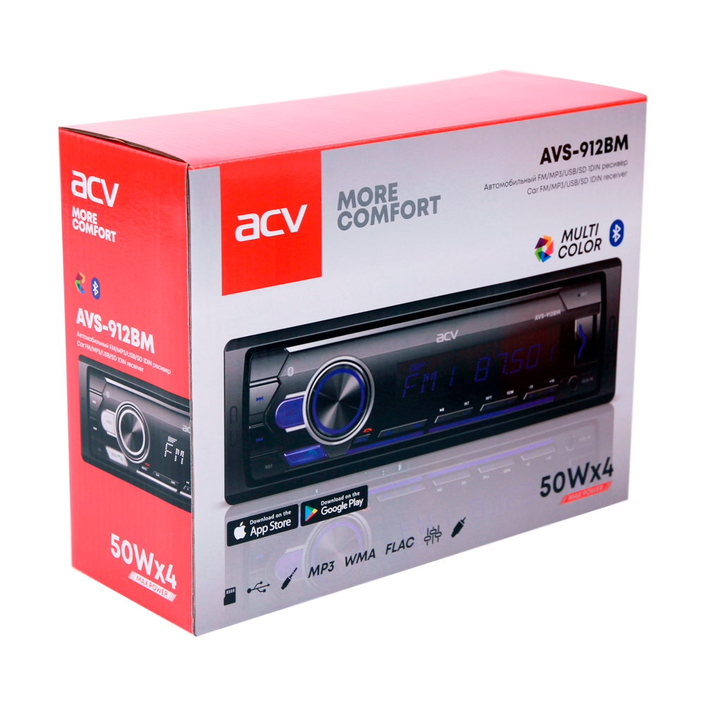 ACV | AVS-912BM| 1din/мультицвет/FM/MP3/USB/BT/SD/FM/4*50 | 4